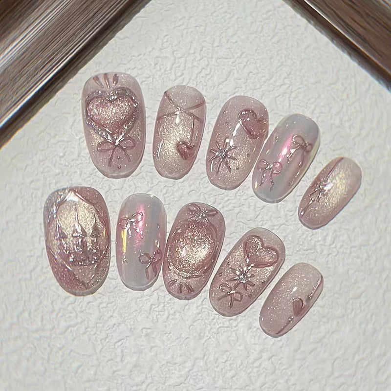 Romantic Dreamy Medium Oval Pink Glitter Press On Nail Set with Heart and Star Designs