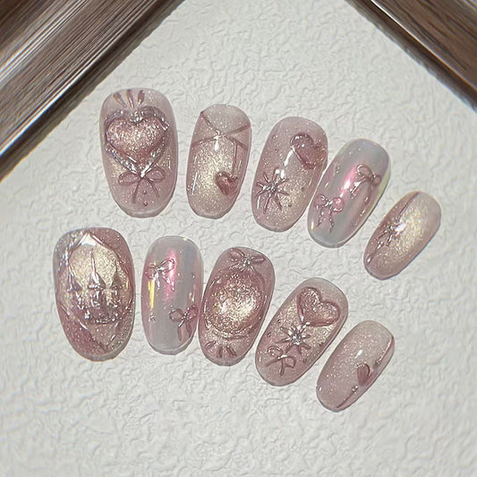 Romantic Dreamy Medium Oval Pink Glitter Press On Nail Set with Heart and Star Designs