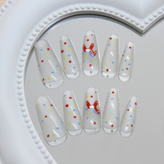 Festive Celebration Long Coffin Clear with Colorful Dot Design Press-On Nail Set