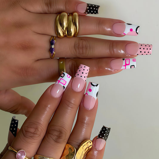 Chic Geometric Long Square Pink and Black Press On Nail Set with Artistic Designs