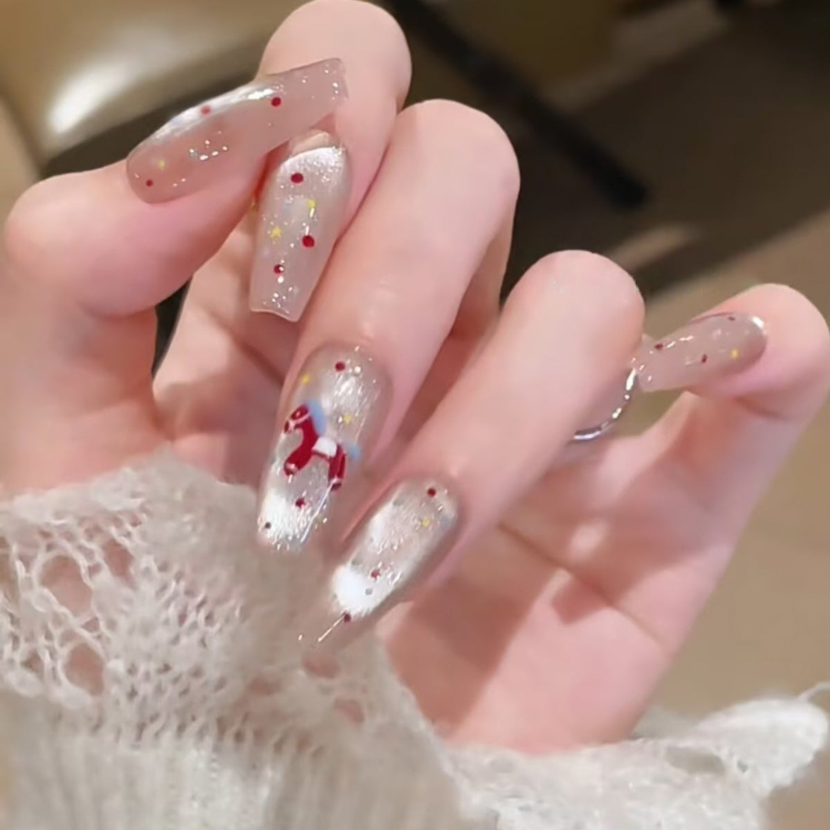 Sparkling Winter Elegance Long Coffin Clear Gel Press On Nail Set with Festive Glitter Accents