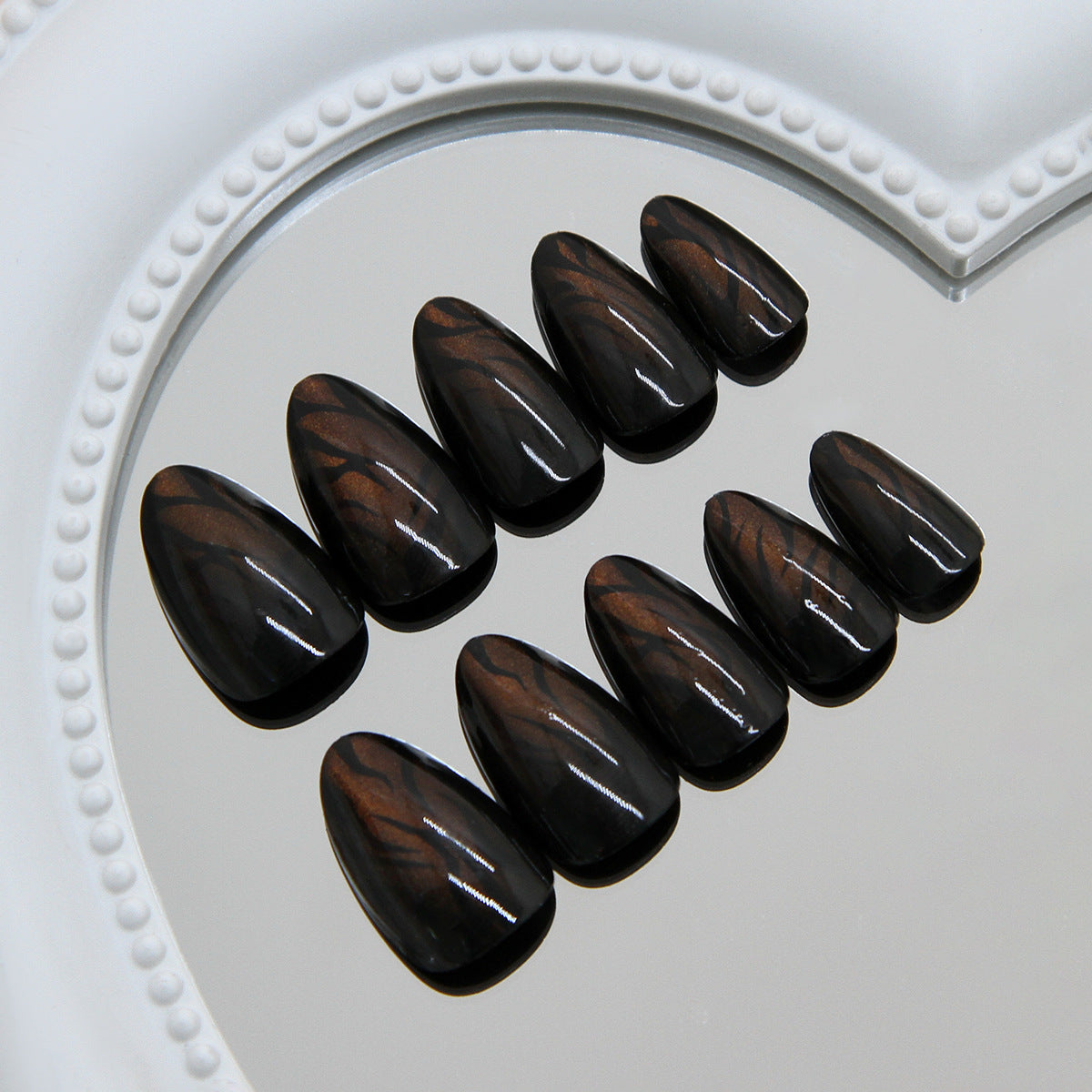 Mystical Forest Medium Almond Black with Brown Marbling Press on Nail Set
