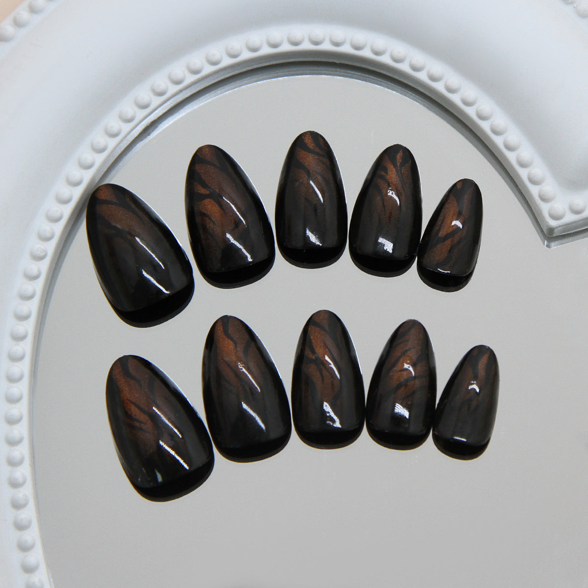 Mystical Elegance Medium Almond Black with Brown Swirl Press on Nail Set