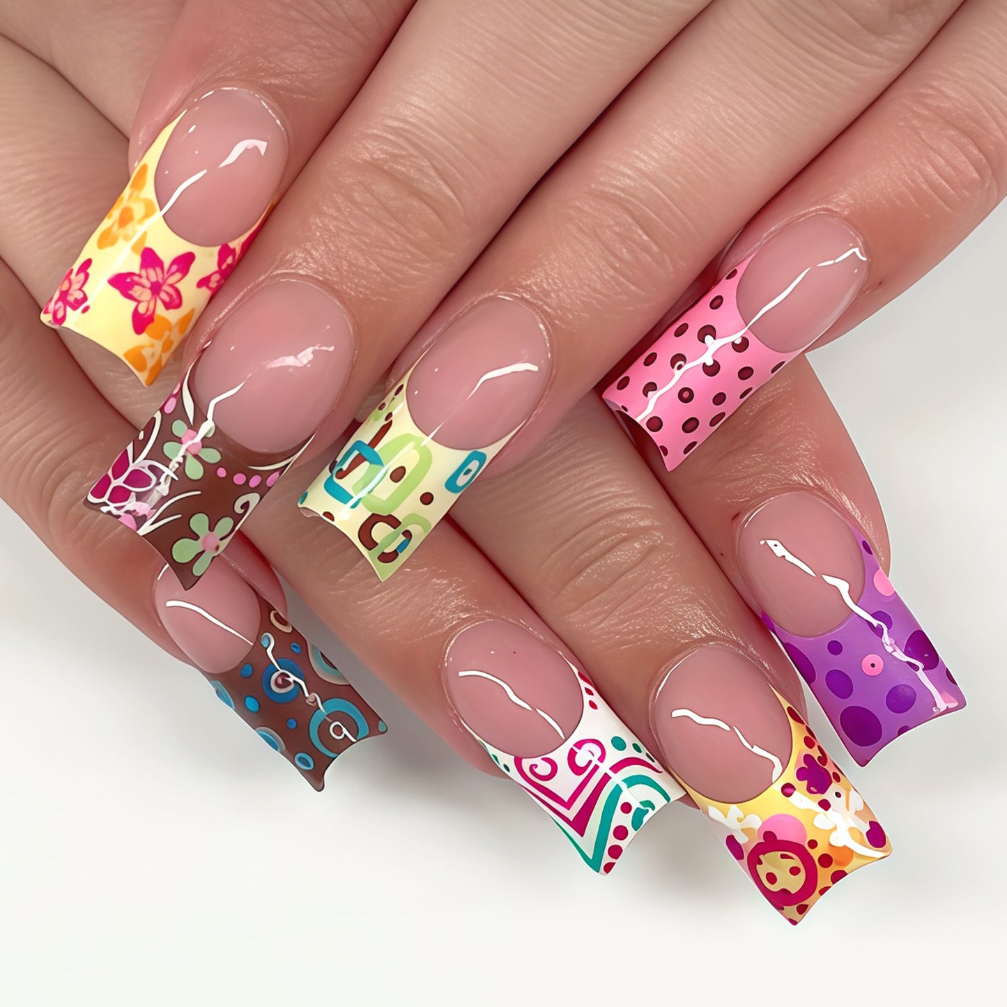 Whimsical Floral Fantasy Long Square Multicolored Nail Set with Unique Patterned Design
