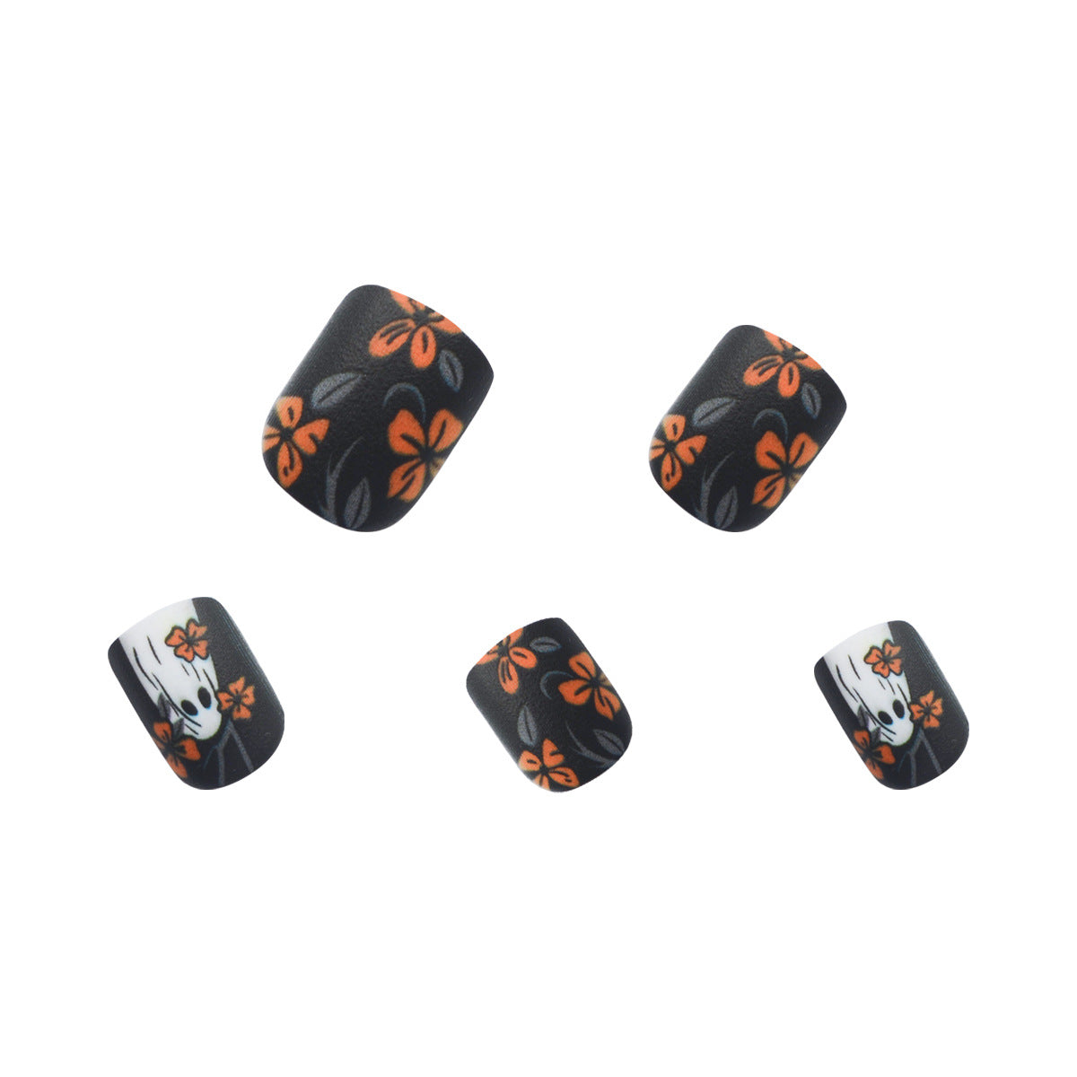 A set of four matte black press-on nails with a floral design in orange and white colors.