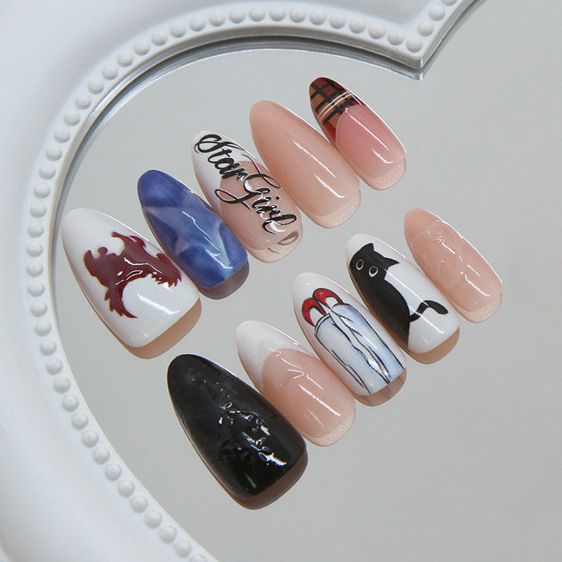 Whimsical Cat Theme Medium Almond Pink and Black Press On Nail Set with Unique Art Design