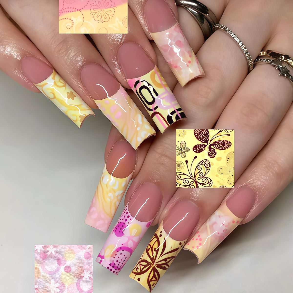 Bohemian Delight Long Square Yellow Floral Press on Nail Set with Artistic Designs