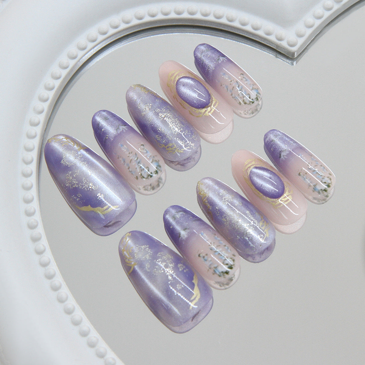 Mystical Lavender Long Oval Elegant Marbled Design Press On Nail Set
