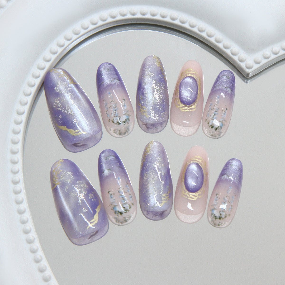Enchanting Twilight Long Oval Lavender with Unique Shimmering Gold Accents Press On Nail Set