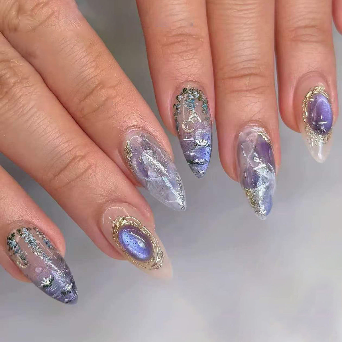 Mystical Dreamscape Medium Almond Purple Floral Metal Detail Press On Nail Set