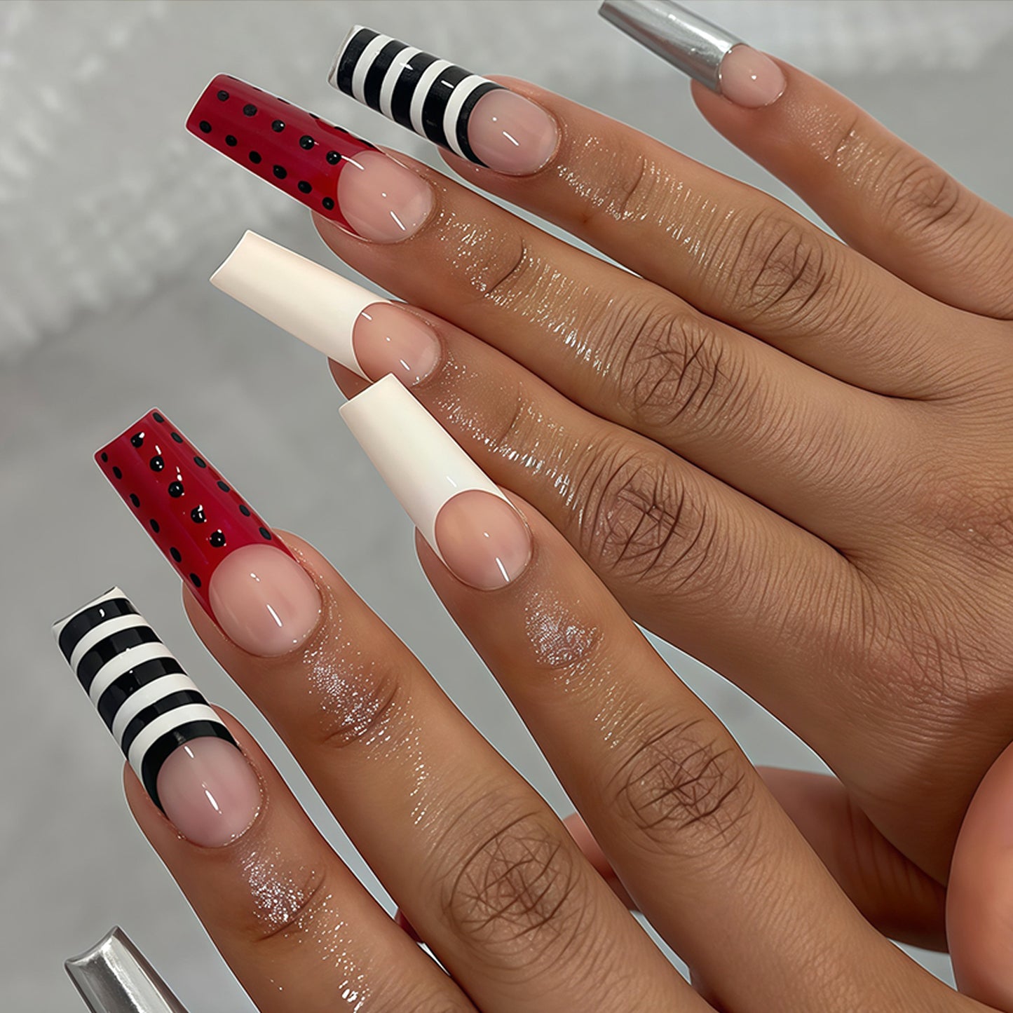 Glamorous Red and Black Artistic Long Square Nails with Dotted Design