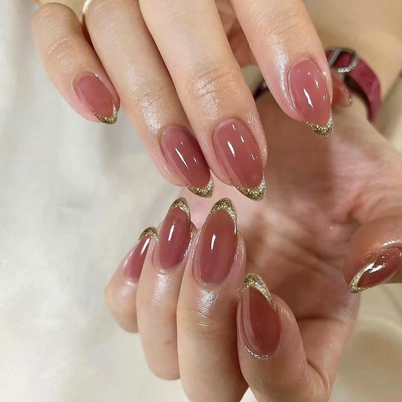 Glamorous Elegance Medium Almond Blush Pink with Stunning Gold Tips Press On Nail Set