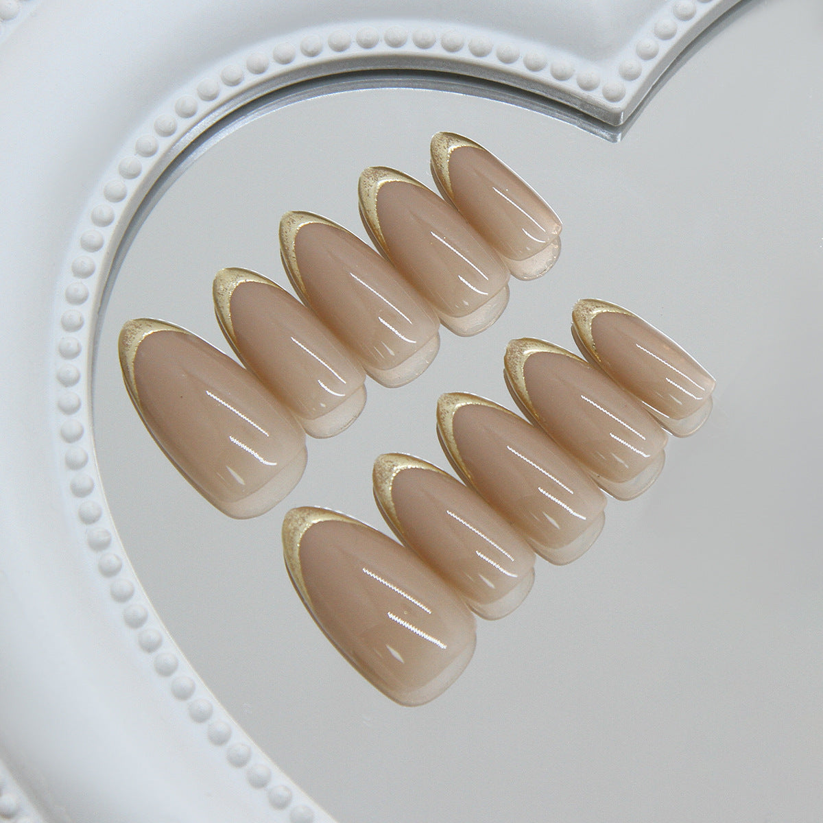 Elegant Gold-Tipped Medium Almond Beige Press-On Nail Set