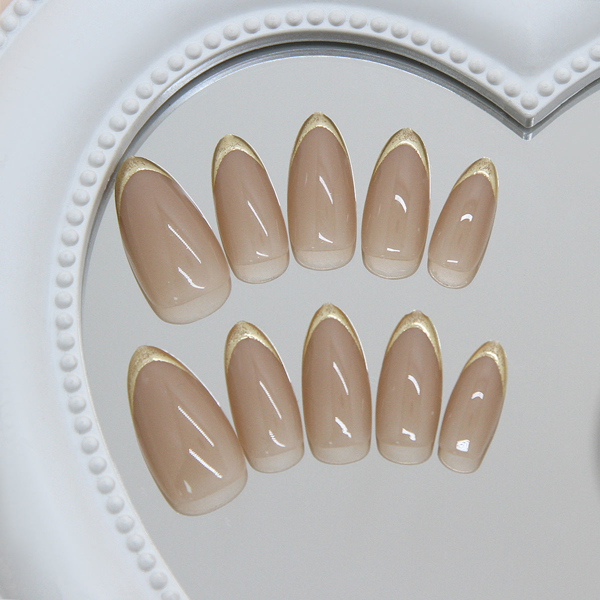 Elegant Glamour Medium Almond Beige with Shimmering Gold Tips Press On Nail Set
