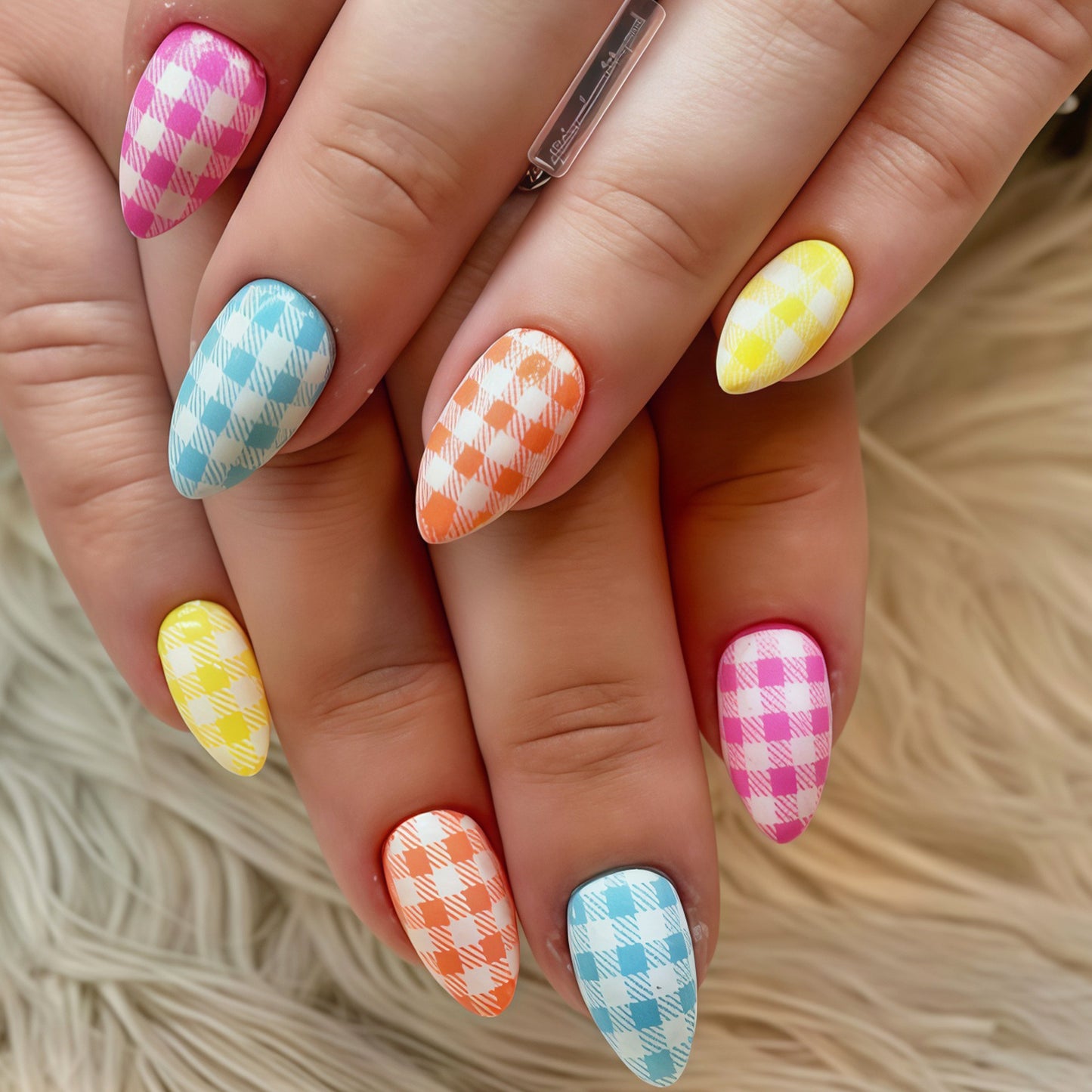 Vibrant Picnic Medium Almond Colorful Checkered Press On Nail Set