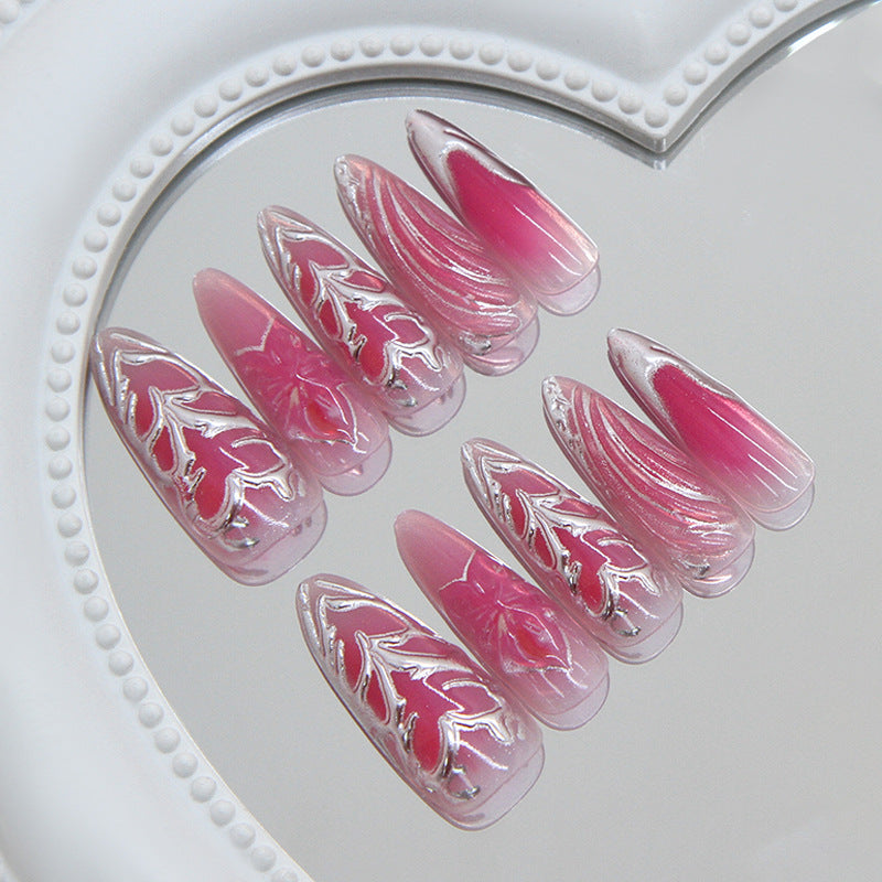 Chic Blossom Medium Almond Pink Gradient Press On Nail Set with Elegant Floral Design