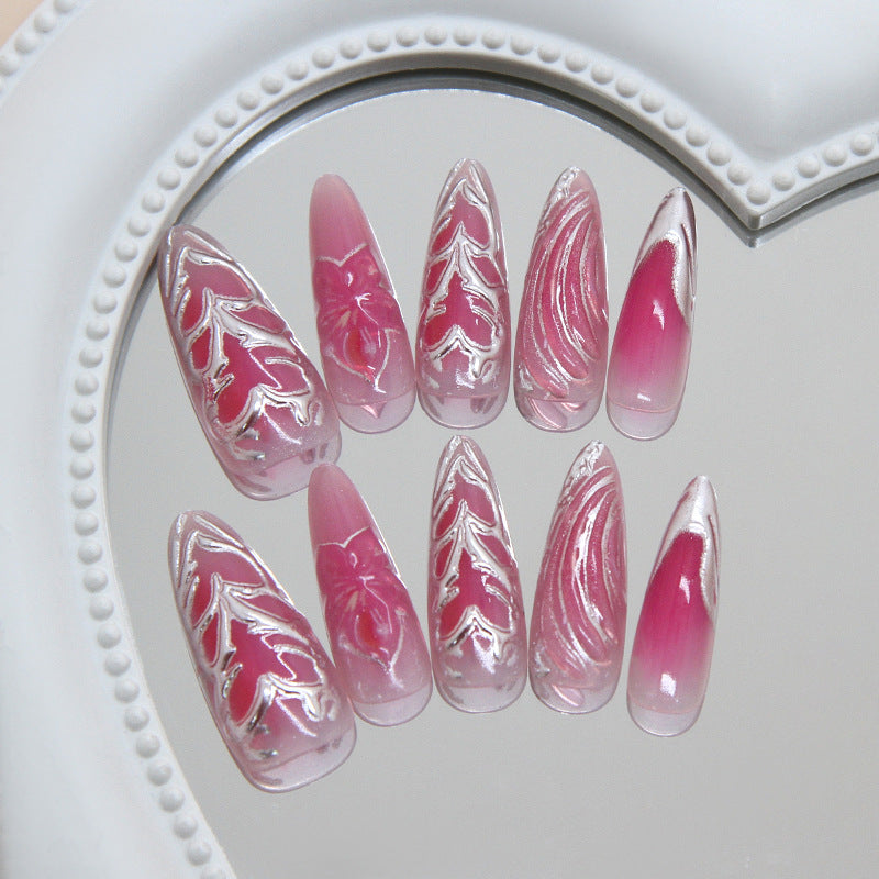 Enchanted Bloom Medium Almond Pink Ombre with Elegant Floral Design Press On Nail Set