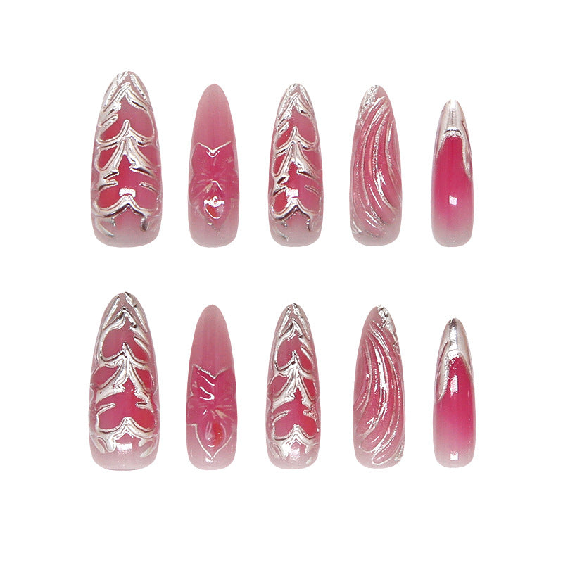 Blushing Floral Medium Almond Pink Nail Set with Unique Metallic Detailing