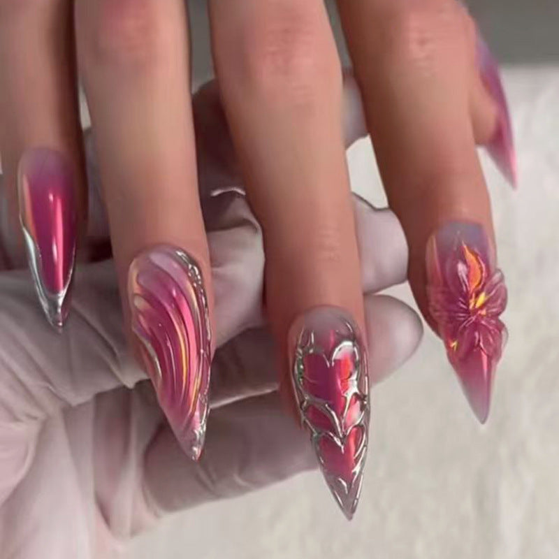 Whimsical Floral Inspired Long Stiletto Pink Press on Nail Set with Unique Artistic Designs