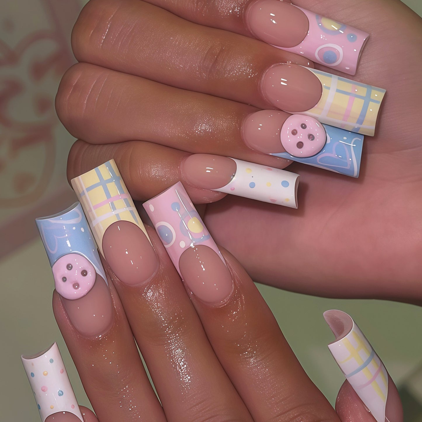 Whimsical Pastel Long Square with Cute Button Accent Press on Nail Set