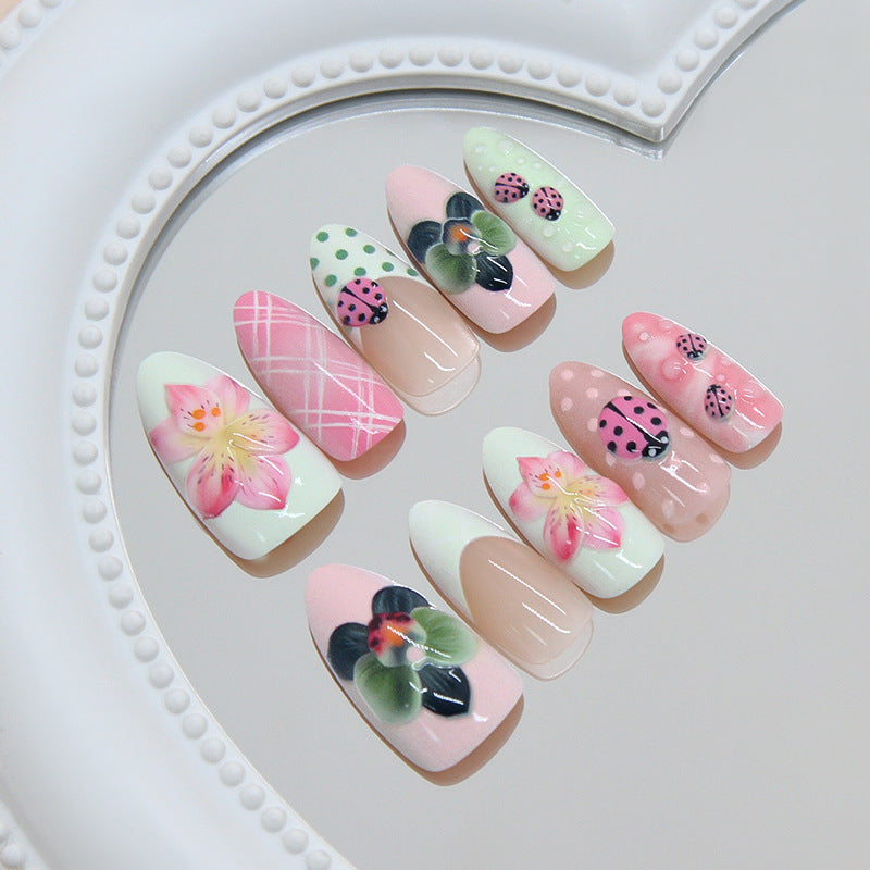 Whimsical Floral Medium Almond Pink Design Press On Nail Set