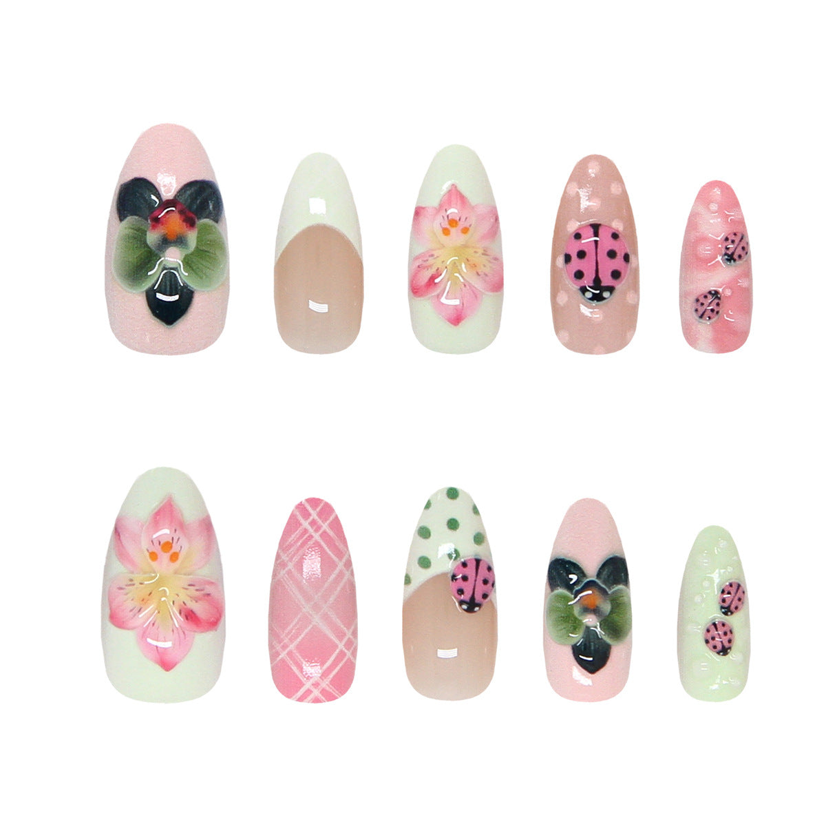 Botanical Bliss Medium Almond Pink Floral Design Press On Nail Set