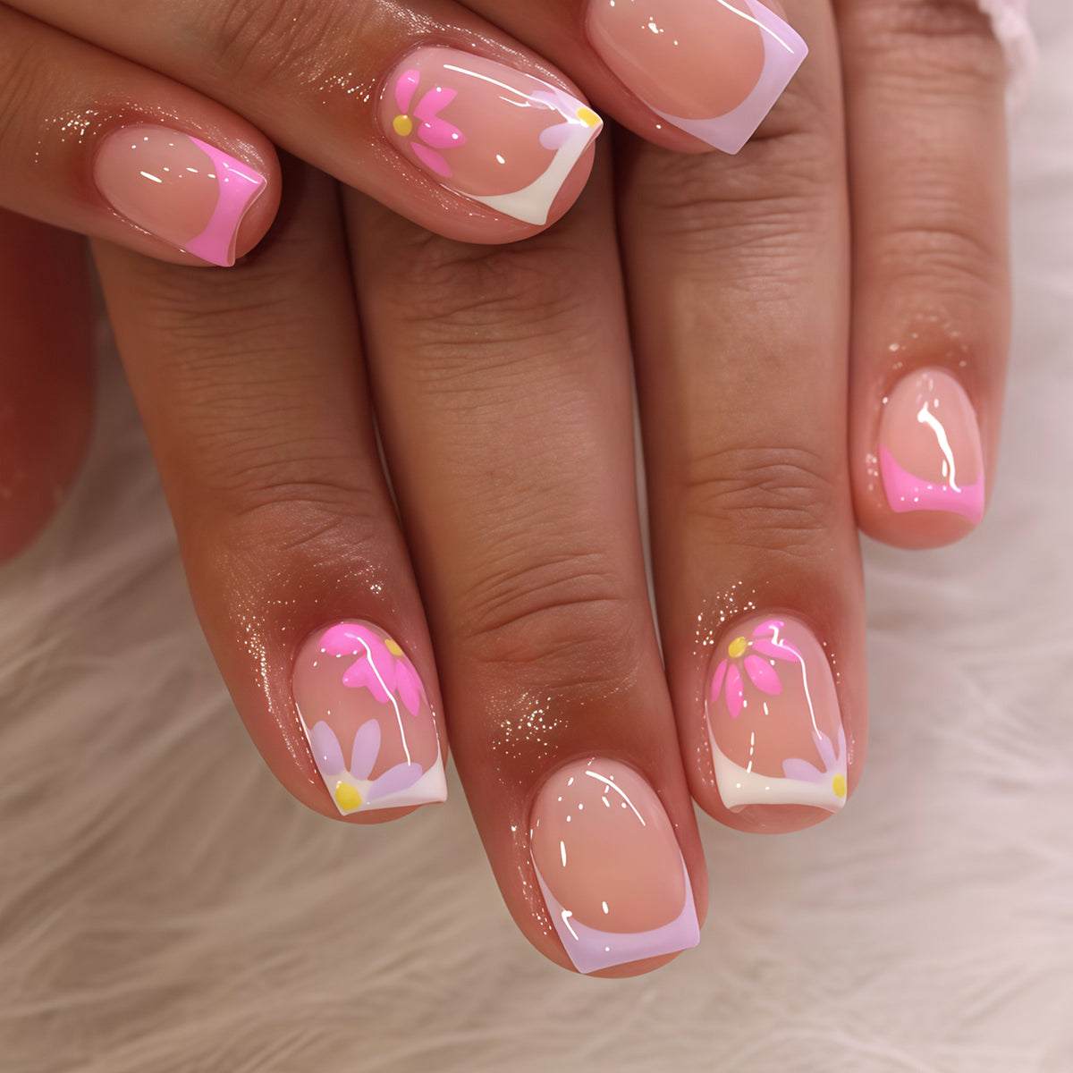 Charming Floral Short Square Pink Press-On Nail Set with Elegant Flower Accents