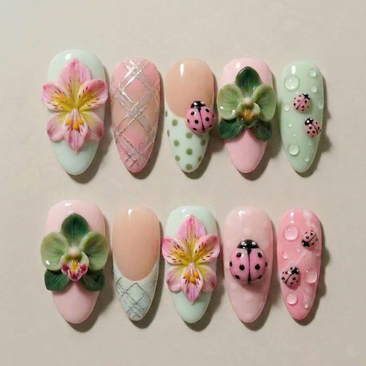 Whimsical Floral Elegance Medium Almond Mint Green and Pink with Three Dimensional Flower and Ladybug Accents