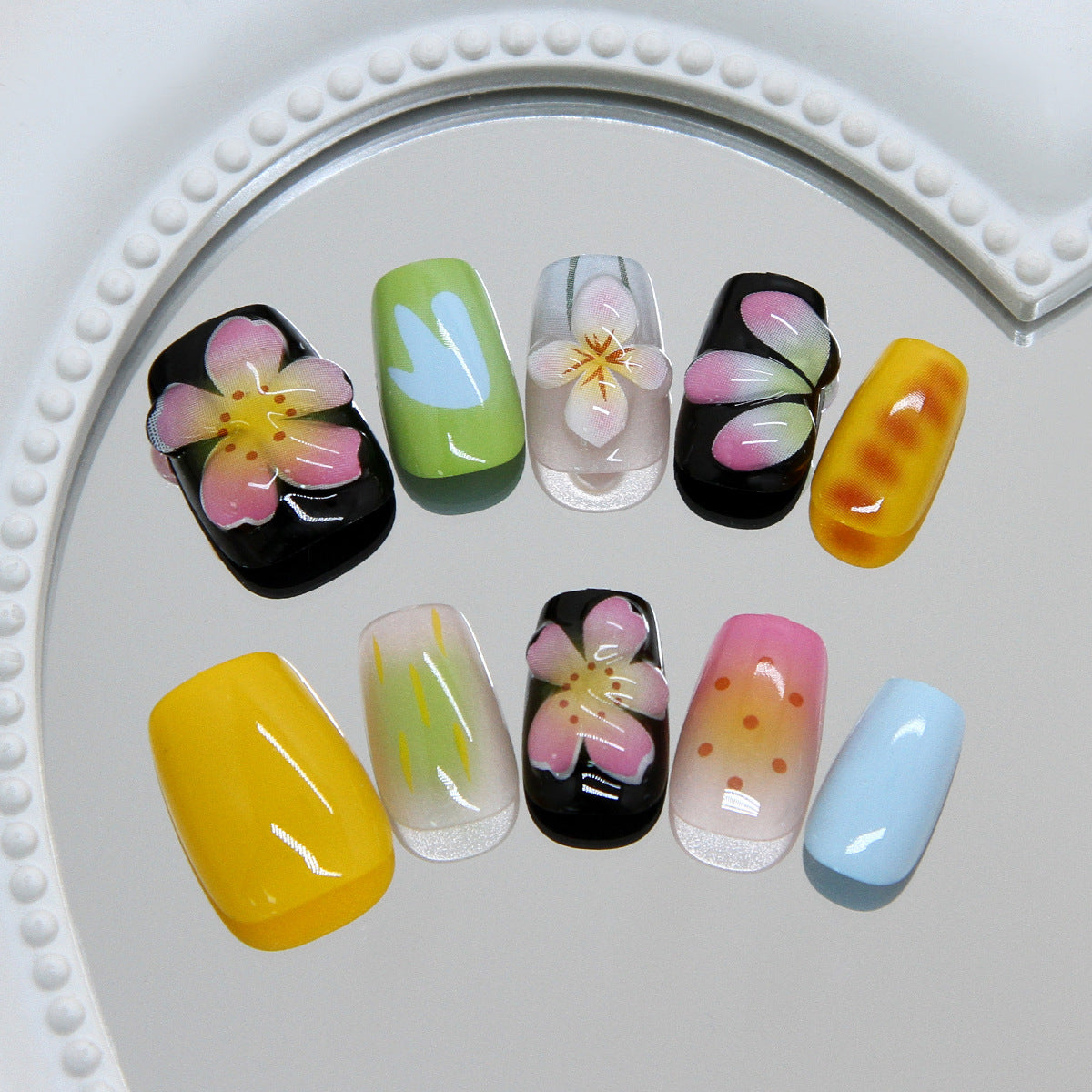 Charming Floral Design Short Coffin Multicolor Press On Nail Set with Unique Hand-Painted Artwork