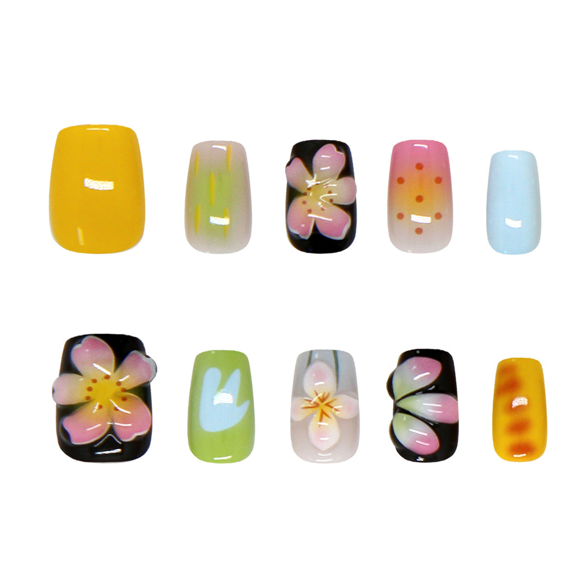Floral Dream Short Square Yellow with Artistic Flower Designs Press On Nail Set