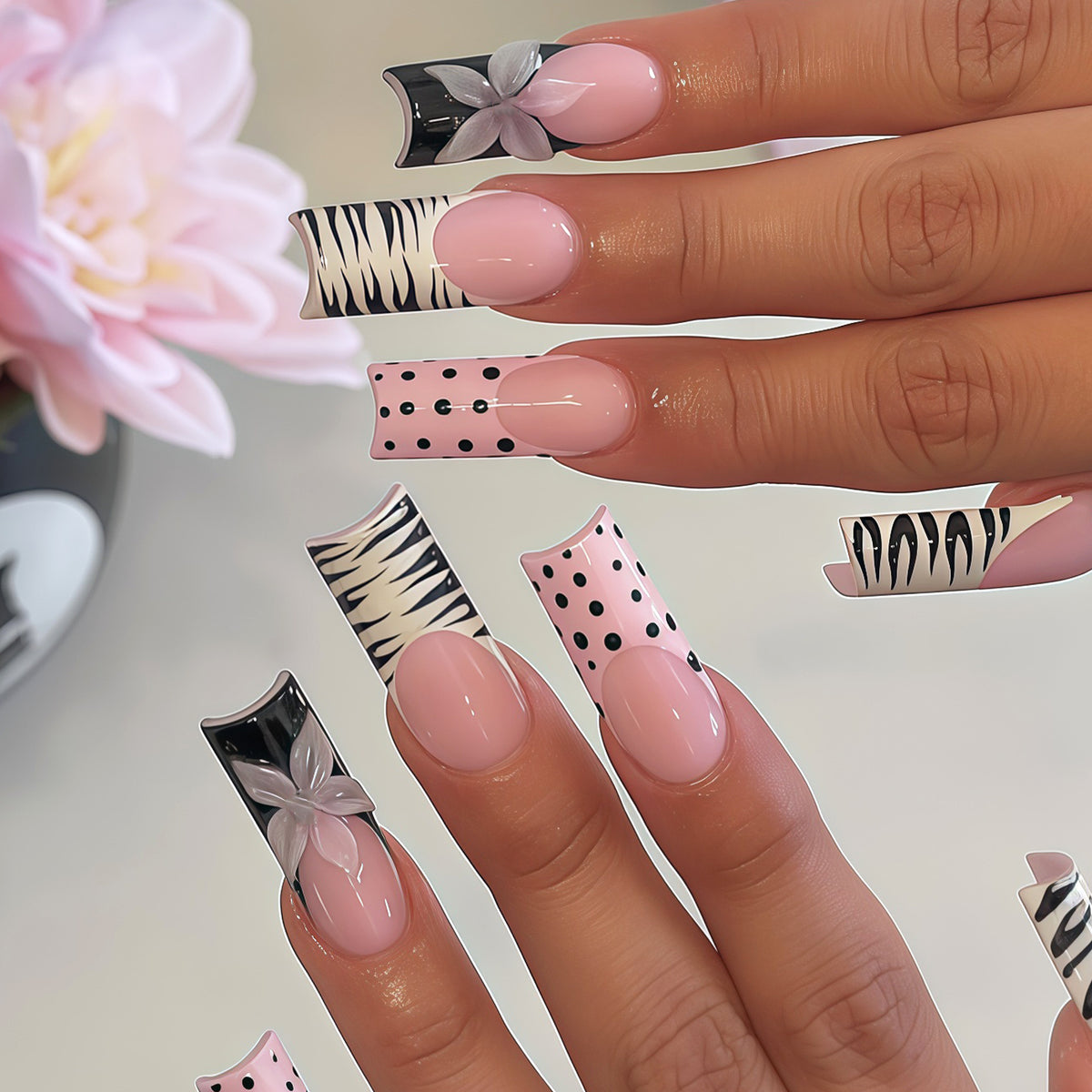 Wild Animal Print Long Square Pink and Black Press On Nail Set with Floral Accent