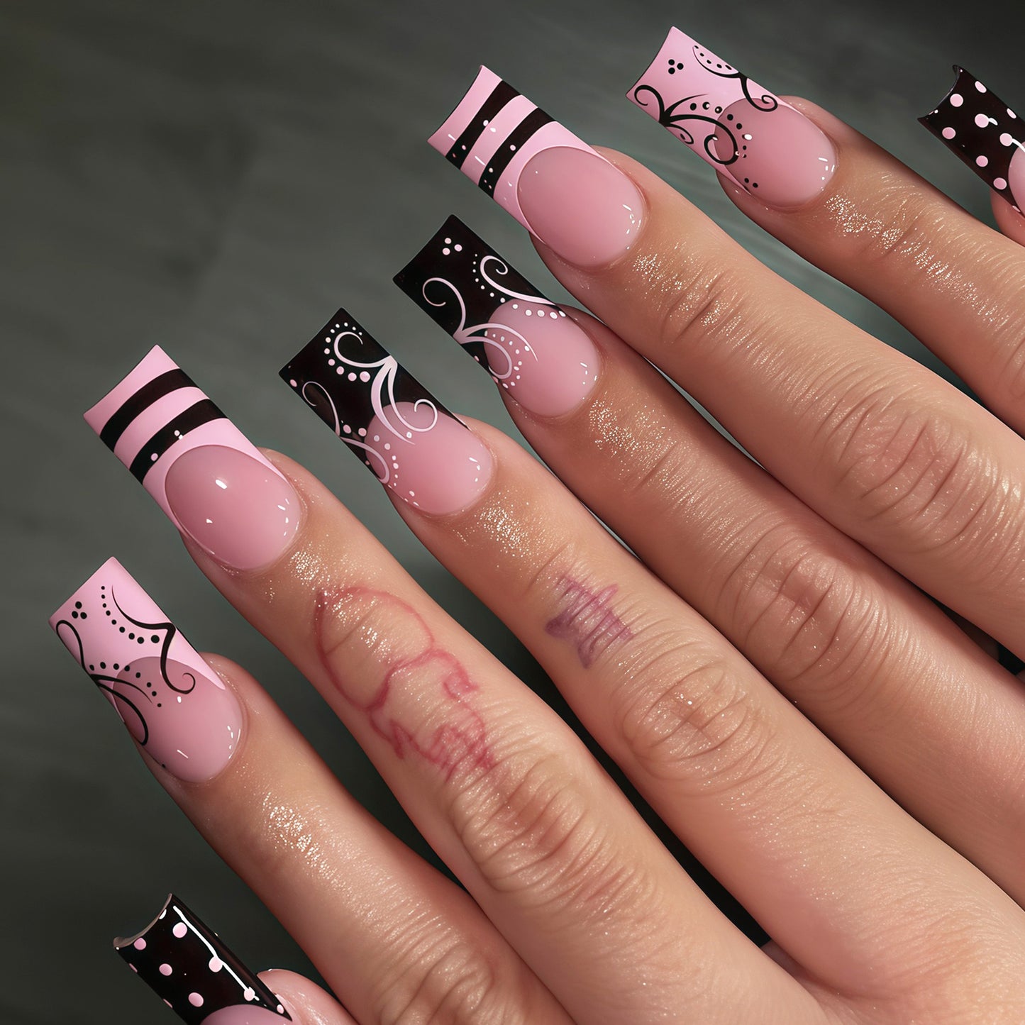 Chic Elegance Long Square Pink and Black with Intricate Swirl Design Press-On Nail Set