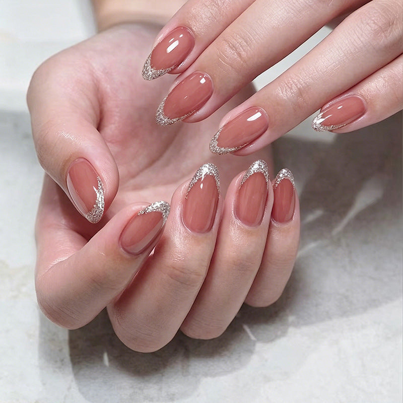 Chic Elegance Medium Almond Blush Pink Press on Nail Set with Shimmering Silver Tips