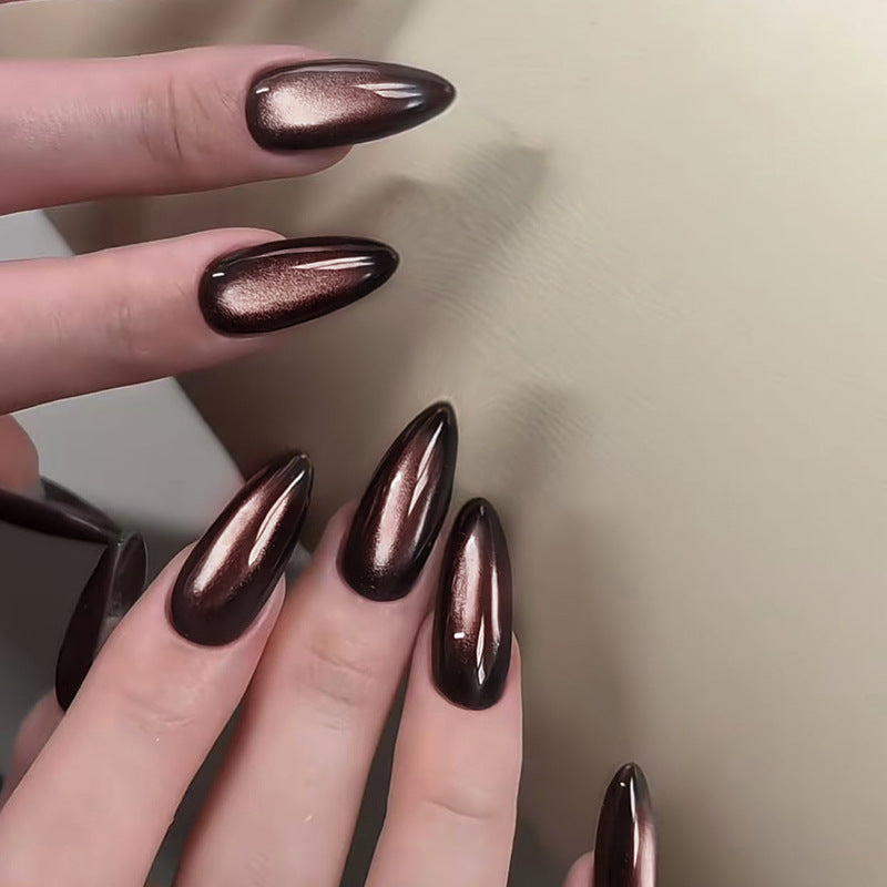 Enchanted Elegance Medium Almond Dark Brown Metallic Press On Nail Set