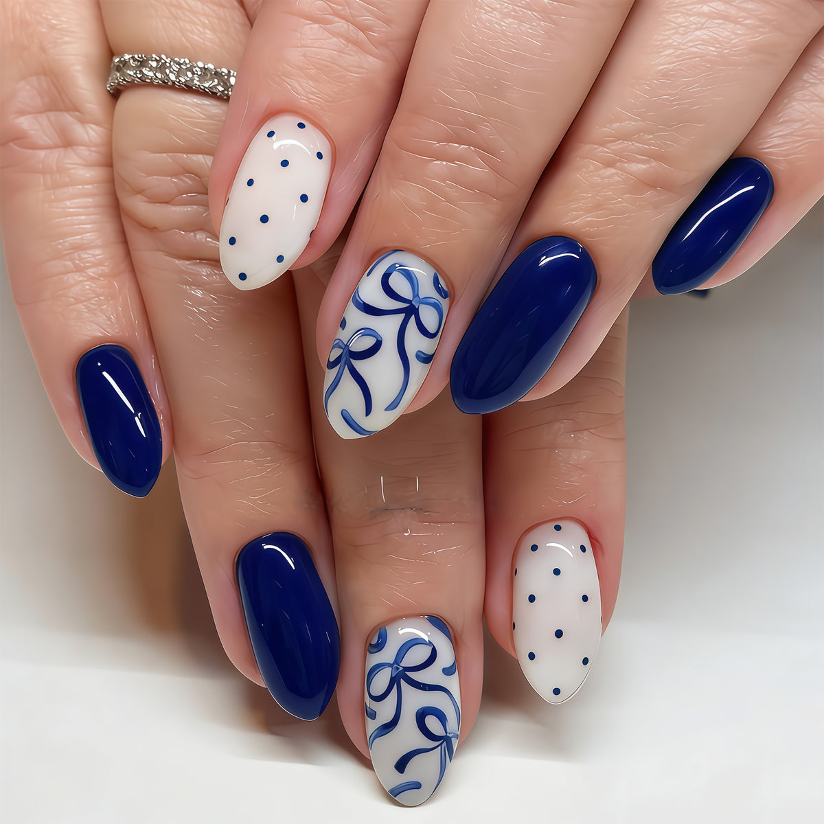 Nautical Charm Medium Almond Deep Blue with Elegant Bow Design Press On Nail Set