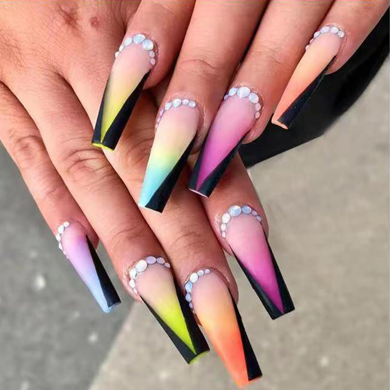 Cosmic Spectrum Long Coffin Multicolor Rainbow Press On Nail Set with Rhinestone Accents
