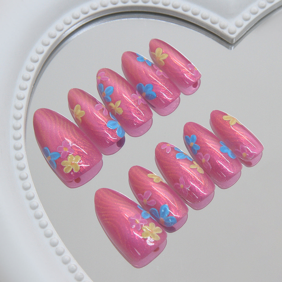 Whimsical Floral Medium Almond Pink Press On Nail Set with Colorful Blossoms