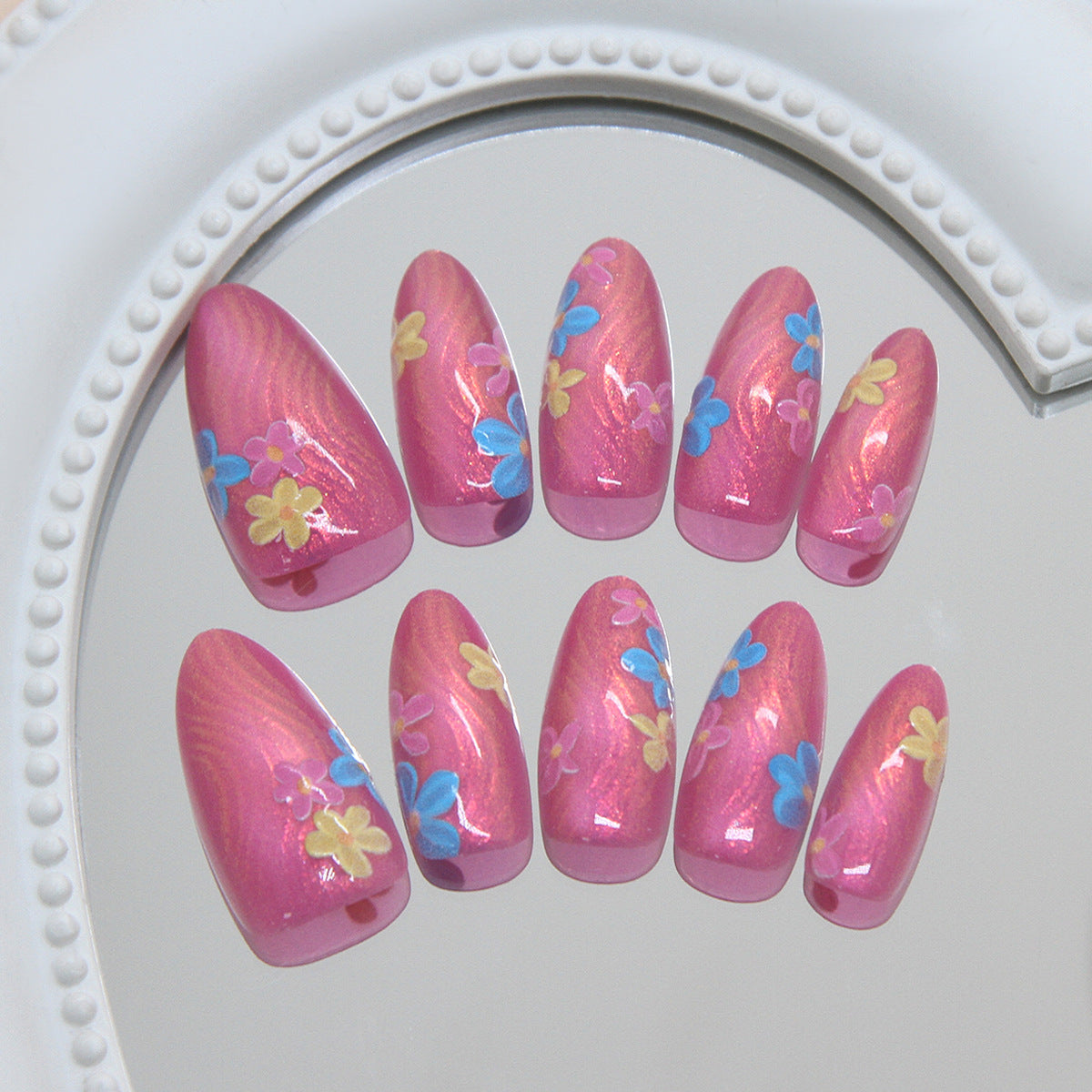 Whimsical Floral Fantasy Medium Almond Pink Press On Nail Set with Glitter Finish