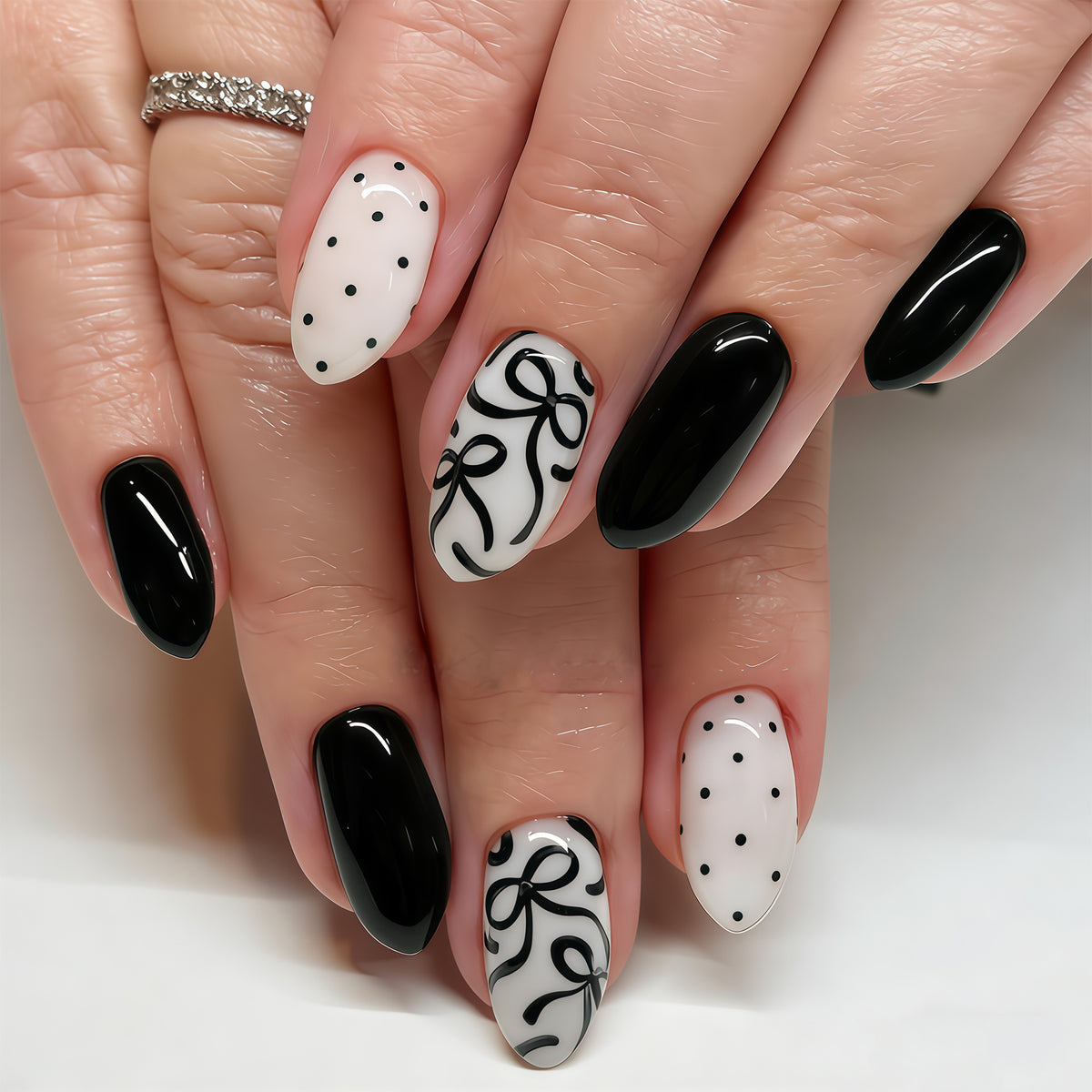 Elegant Night Black and White Medium Almond with Stylish Bow Design Press-On Nail Set