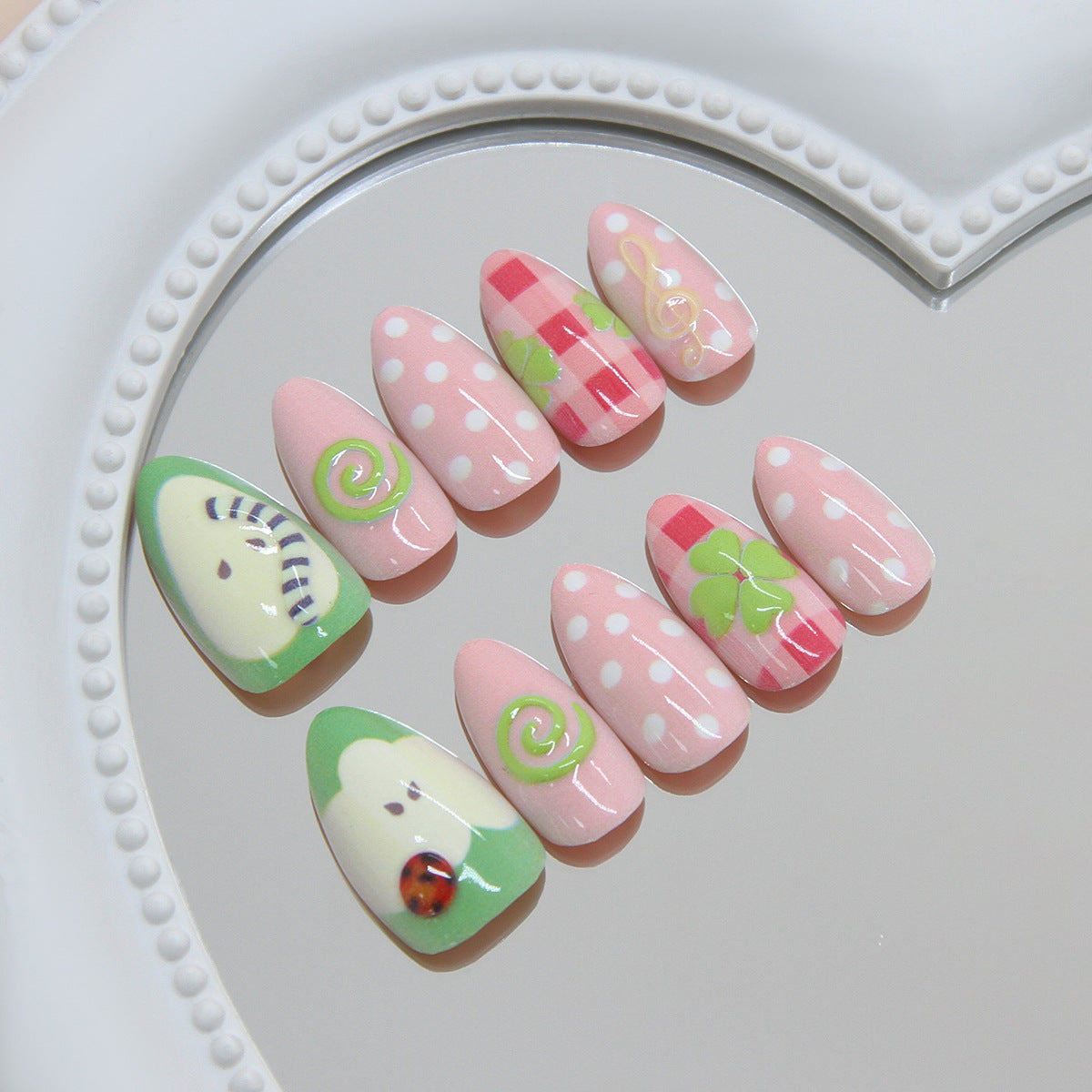 Whimsical Spring Medium Almond Pink Polka Dot Design Press On Nail Set