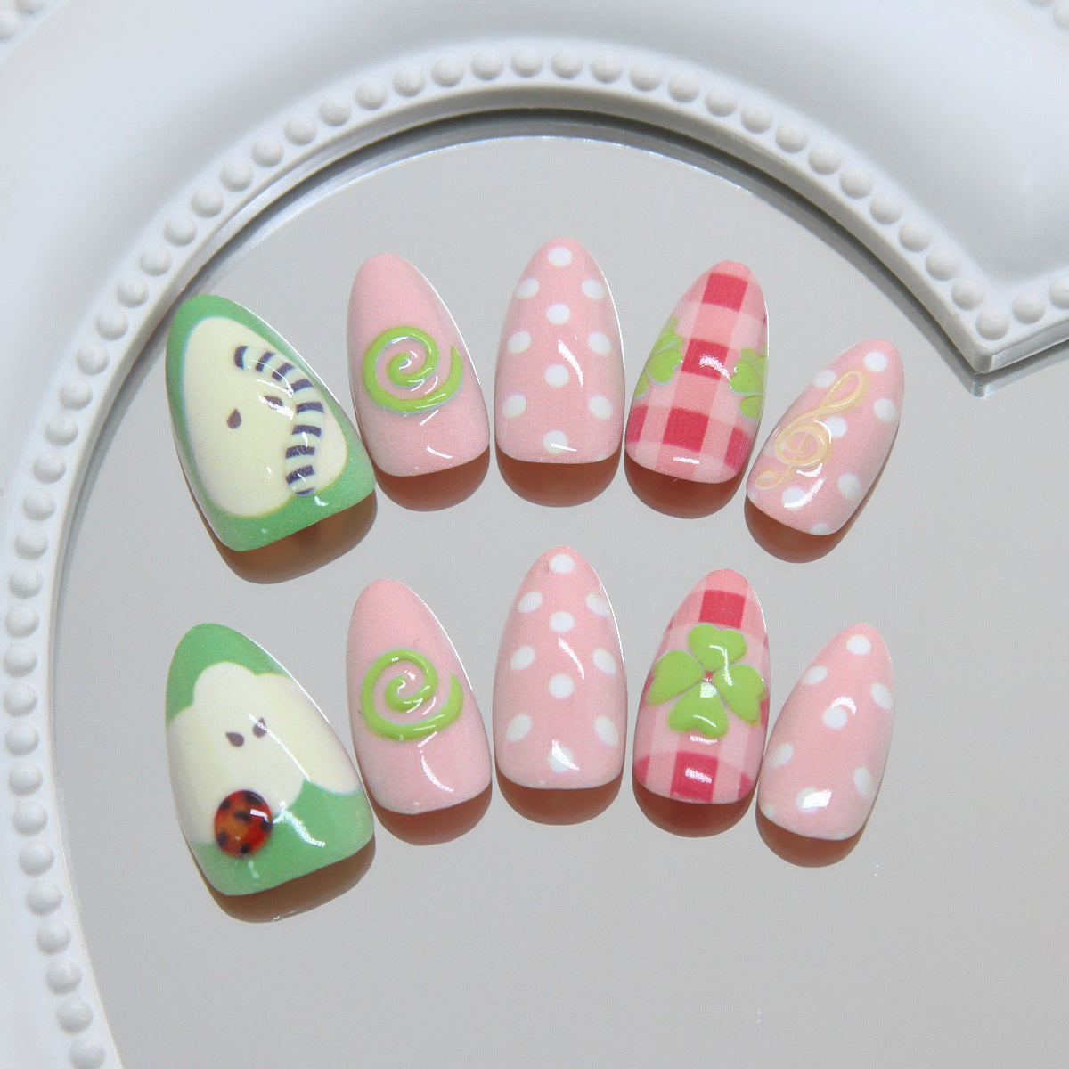 Sweet Pastel Medium Almond Green and Pink Playful Design Press-On Nail Set