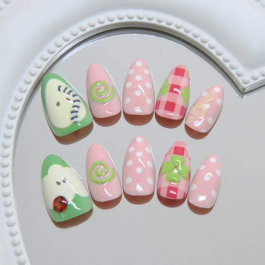 Sweet Pastel Medium Almond Green and Pink Playful Design Press-On Nail Set