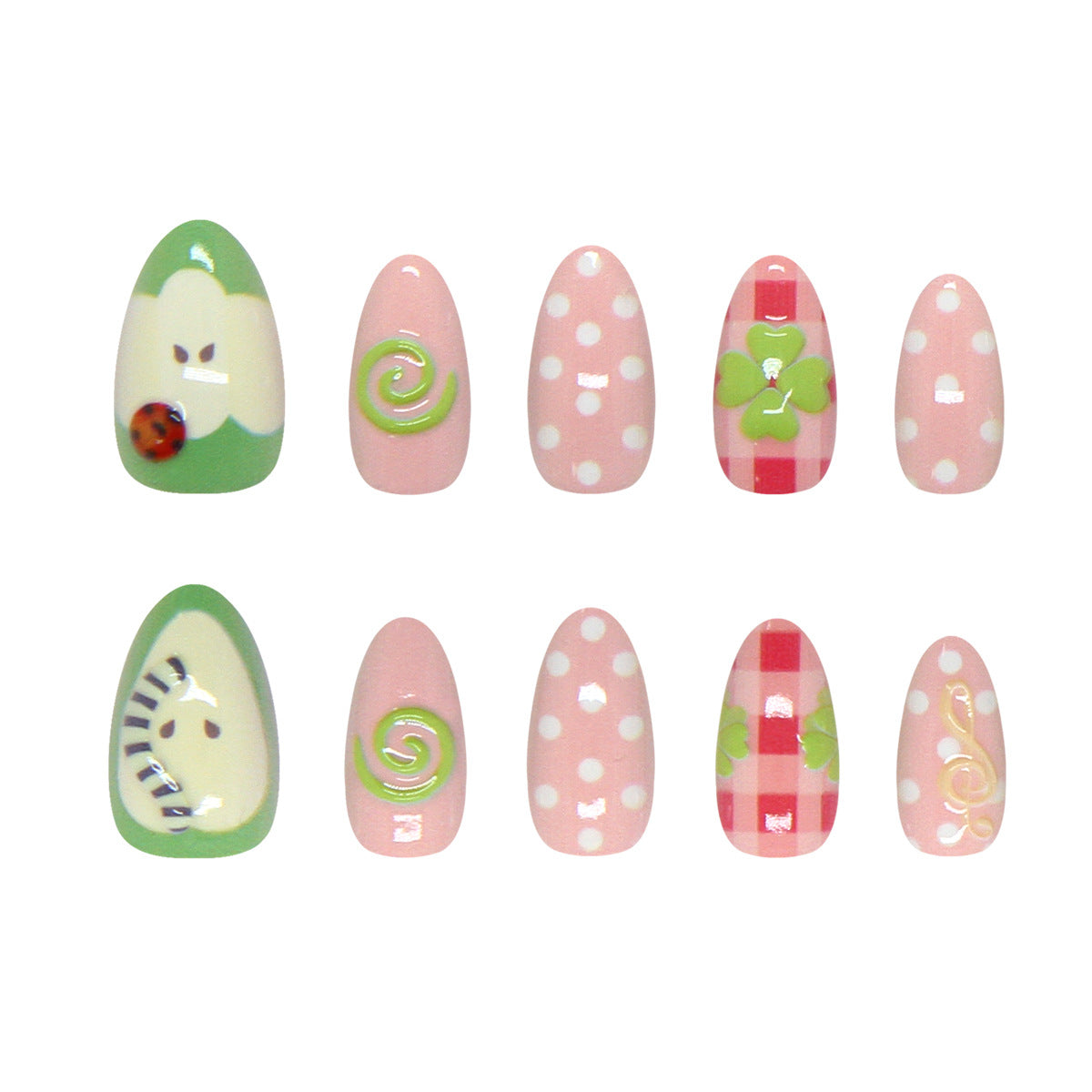 Charming Spring Inspired Medium Almond Pink Press On Nail Set with Whimsical Patterns
