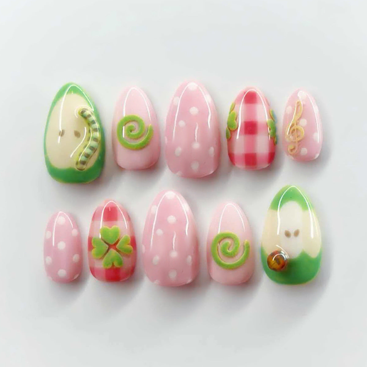 Whimsical Garden Medium Almond Pastel Pink with Charming Hand-Painted Designs Nail Set