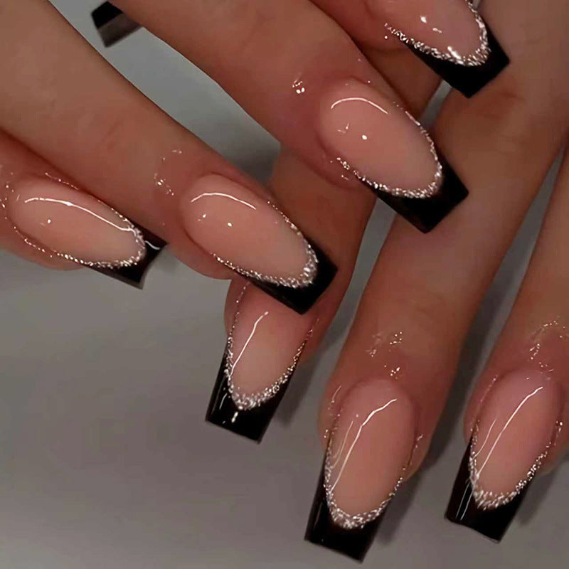 Elegant Noir Medium Square Pink and Black Glitter Accent Press On Nail Set