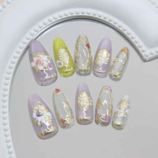 Whimsical Garden Medium Almond Purple and Green Floral Press On Nail Set