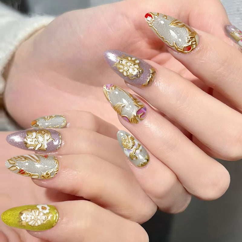 Elegant Spring Blossom Medium Almond Gray with Gold Floral Design Press on Nail Set