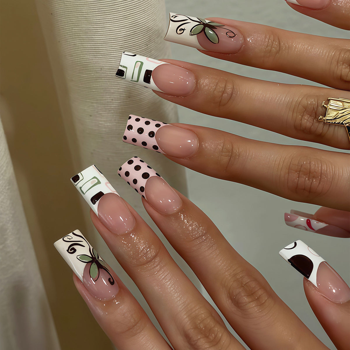 Bohemian Charm Long Square Pink and White Floral Press On Nail Set