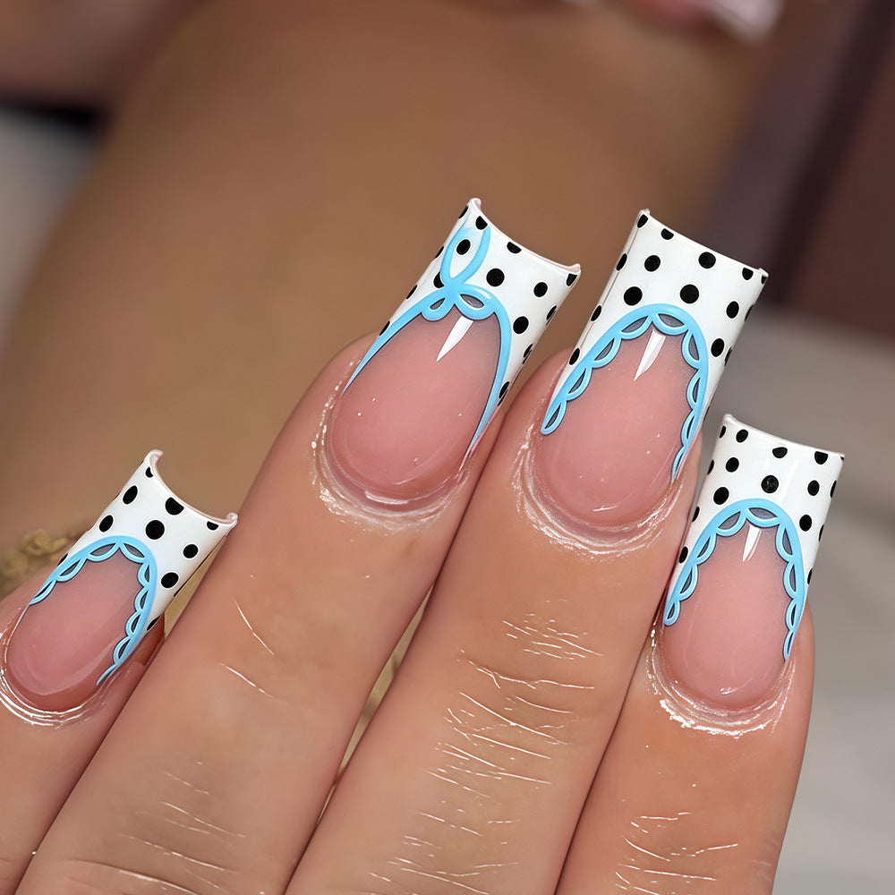 Charming Polka Dot Medium Square White and Blue Lace Nail Set