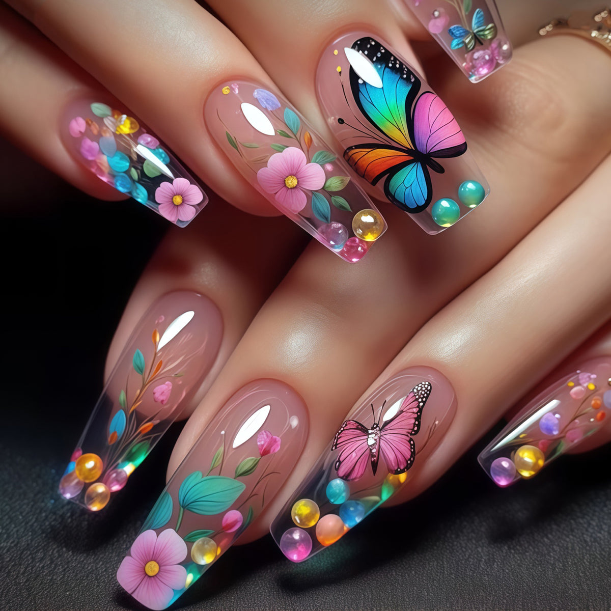 Whimsical Floral Fantasy Long Coffin Pink with Butterfly and Gem Adornments